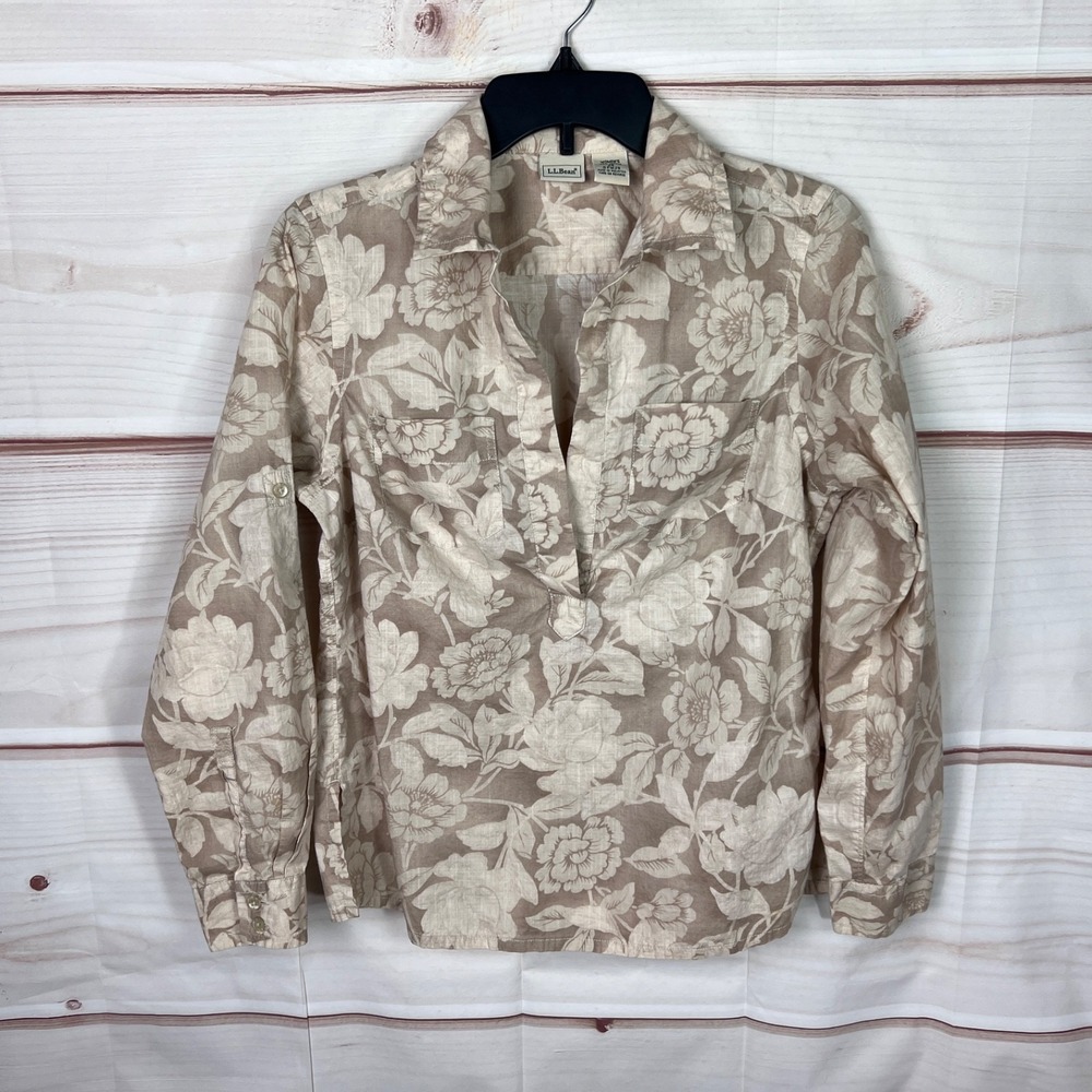 LL Bean Top Womens XS Beige Brown Floral Blouse Pullover V-Neck Cotton Collar